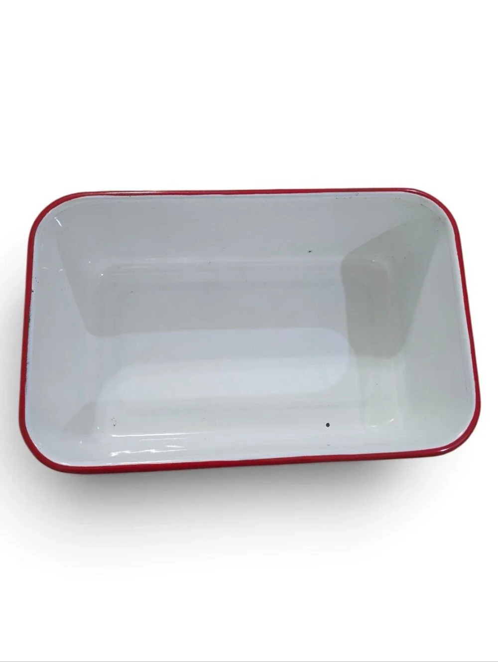 Vintage White Enamel Baking Dish with Red Rim